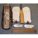 Cricket Related Items including Nicolls Steel Spring Bat, a set of Edward Page stumps with brass