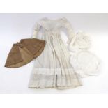 Circa 1840s Young Girls White Cotton Dress, ruched bodice, long sleeves, machine lace trimming to