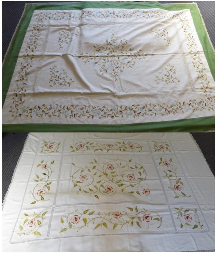 White Linen Bed Cover, embroidered with flowers in coloured silks, of panel format incorporating