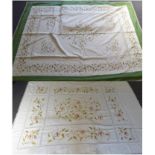 White Linen Bed Cover, embroidered with flowers in coloured silks, of panel format incorporating