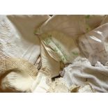 Quantity of Assorted Linen, including a Madeira tablecloth embellished with needle lace, 168cm by