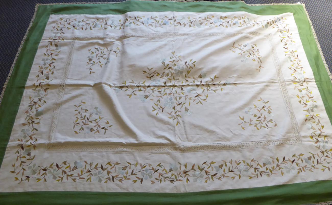 White Linen Bed Cover, embroidered with flowers in coloured silks, of panel format incorporating - Image 2 of 5