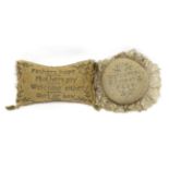Silk Pin Cushion, Dated 1829, bearing the verse ''Fathers hope, Mothers joy, Welcome either Girl