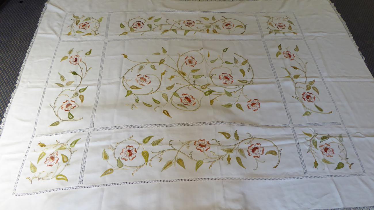 White Linen Bed Cover, embroidered with flowers in coloured silks, of panel format incorporating - Image 4 of 5