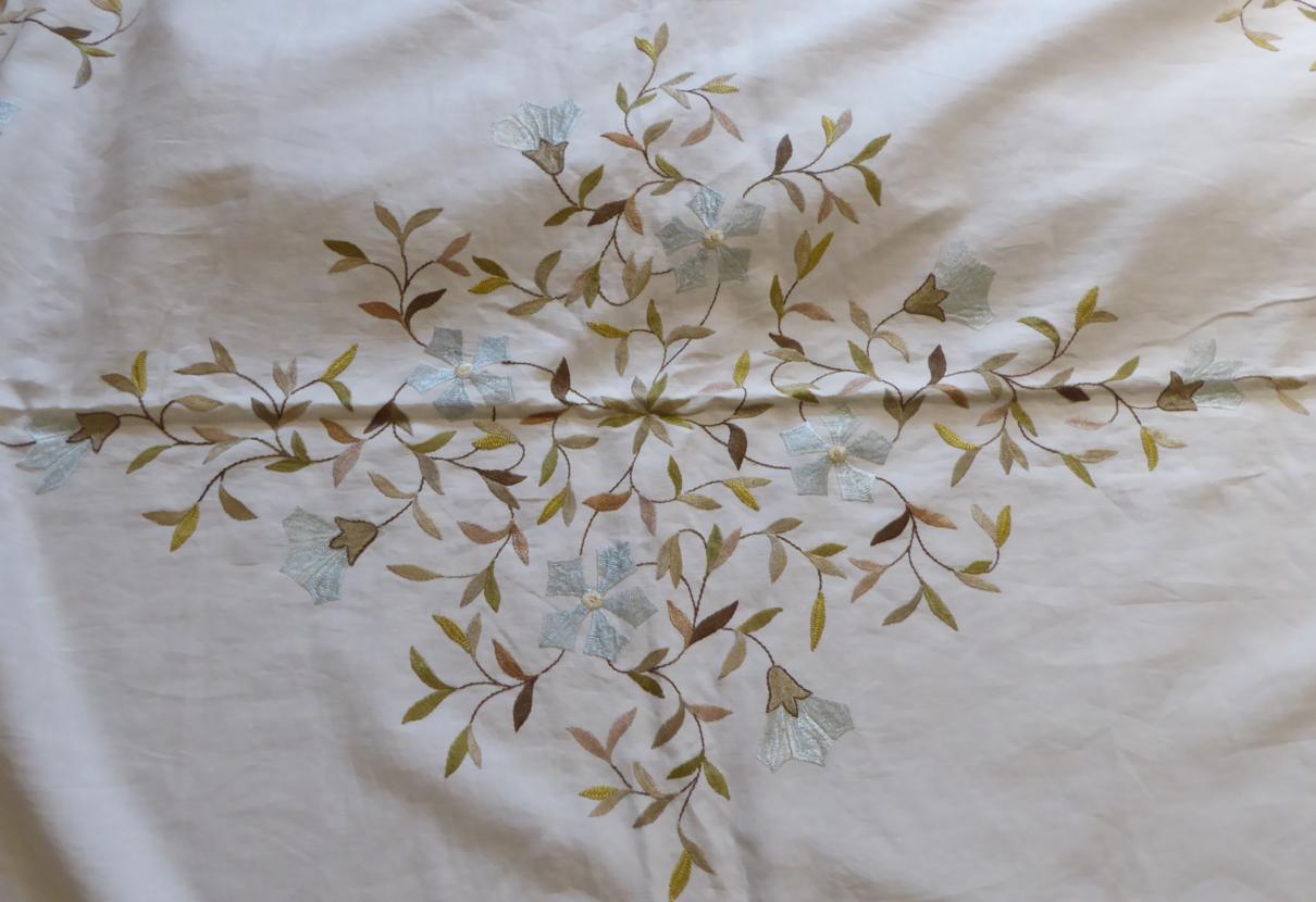 White Linen Bed Cover, embroidered with flowers in coloured silks, of panel format incorporating - Image 3 of 5