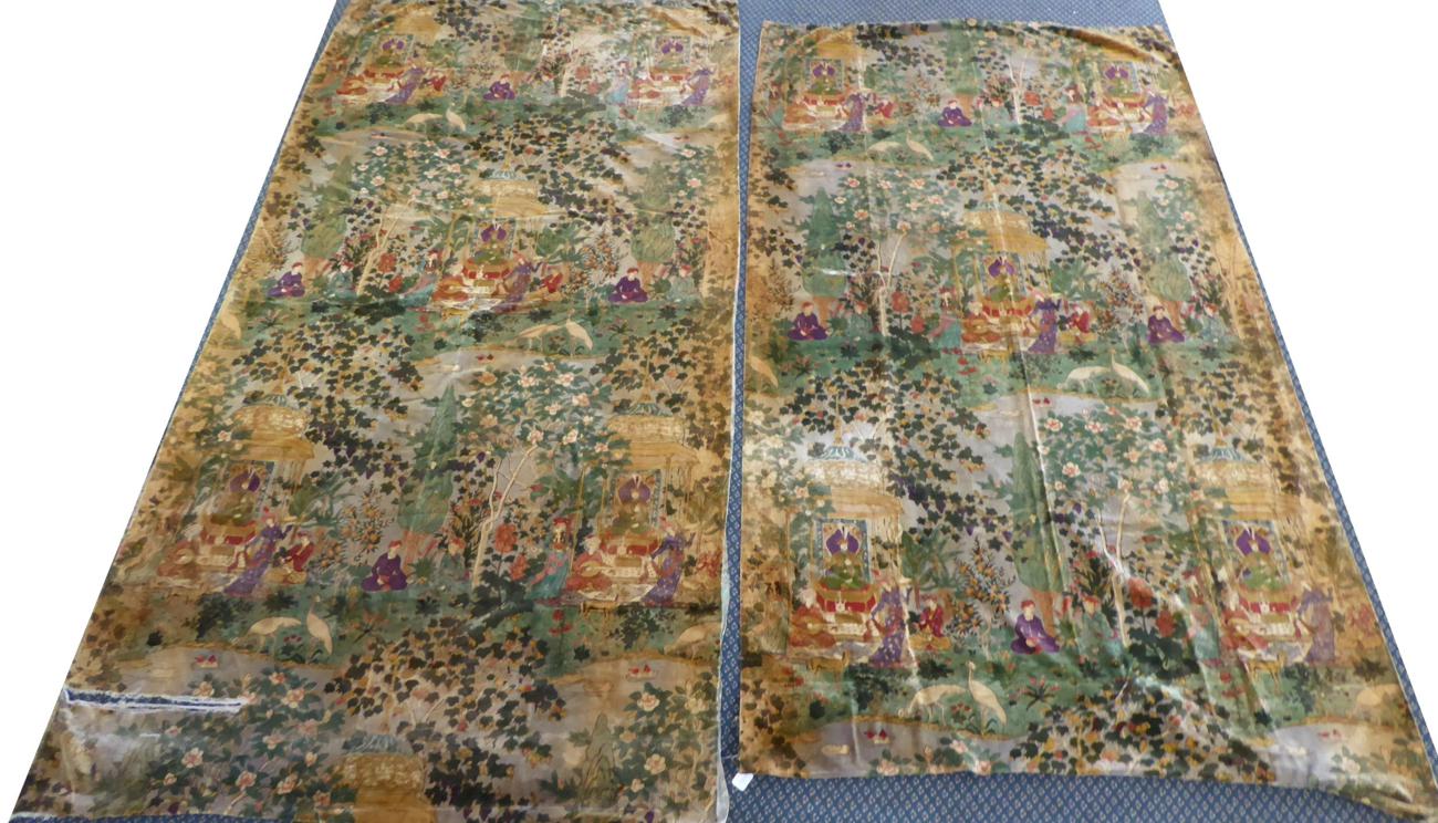 Pair of 1920s Printed Velvet Curtains, depicting musicians serenading regal Indian figures in Summer