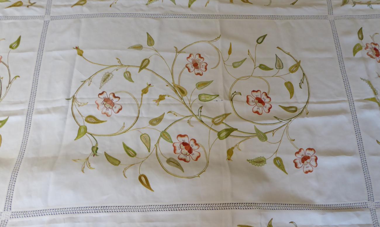 White Linen Bed Cover, embroidered with flowers in coloured silks, of panel format incorporating - Image 5 of 5