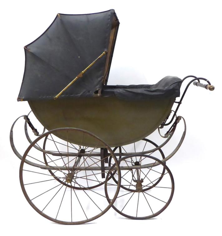 Victorian Pram, manufactured by 'H C Askwith, Humber Works, Hull', with a sage green painted body,