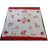 A White Linen Bed Cover Appliquéd with Flowers in turkey red cotton, edged with blanket stitch in