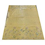 18th Century Embroidered Silk Bed Cover, backed in a patterned linen, the mustard yellow ground is