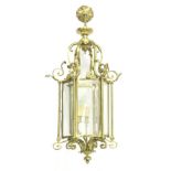 A Victorian Brass Hanging Lantern, mid 19th century, of hexagonal shaped form with bevelled glass