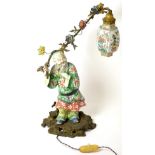 A Gilt Metal Mounted Porcelain Lamp Base, in Chinese style, as a bearded figure in traditional robes