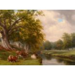 Thomas Baker of Leamington (1809-1869) Cattle resting beside a river in a wooded landscape Signed