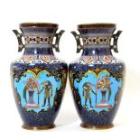 A Pair of Japanese Cloisonné Enamel Vases, early 20th century, of baluster form an angular