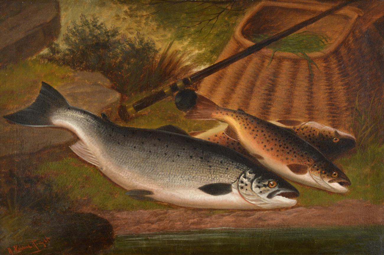 A Roland Knight (fl.1810-1840) Trout on a bank Signed, oil on canvas, 38.5cm by 58.5cm See