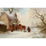 Thomas Smythe (1825-1907) Winter outside the inn Signed, oil on panel, 24cm by 36.5cm See