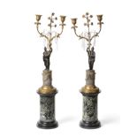 A Parcel Gilt, Bronze and Marble Candelabra, in Louis XV style, the branches hung with faceted glass