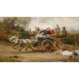 Alfred William Strutt (1856-1924) Cart spilling goods with a hunting party beyond Signed, oil on