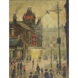 Arthur Delaney (1927-1987) Figures approaching the King's Cinema, Salford by lamplight Signed, oil