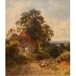 Walter Wallon Caffyn (1854-1898) ''Nr. Coldharbour'' - Shepherd droving sheep on a country lane