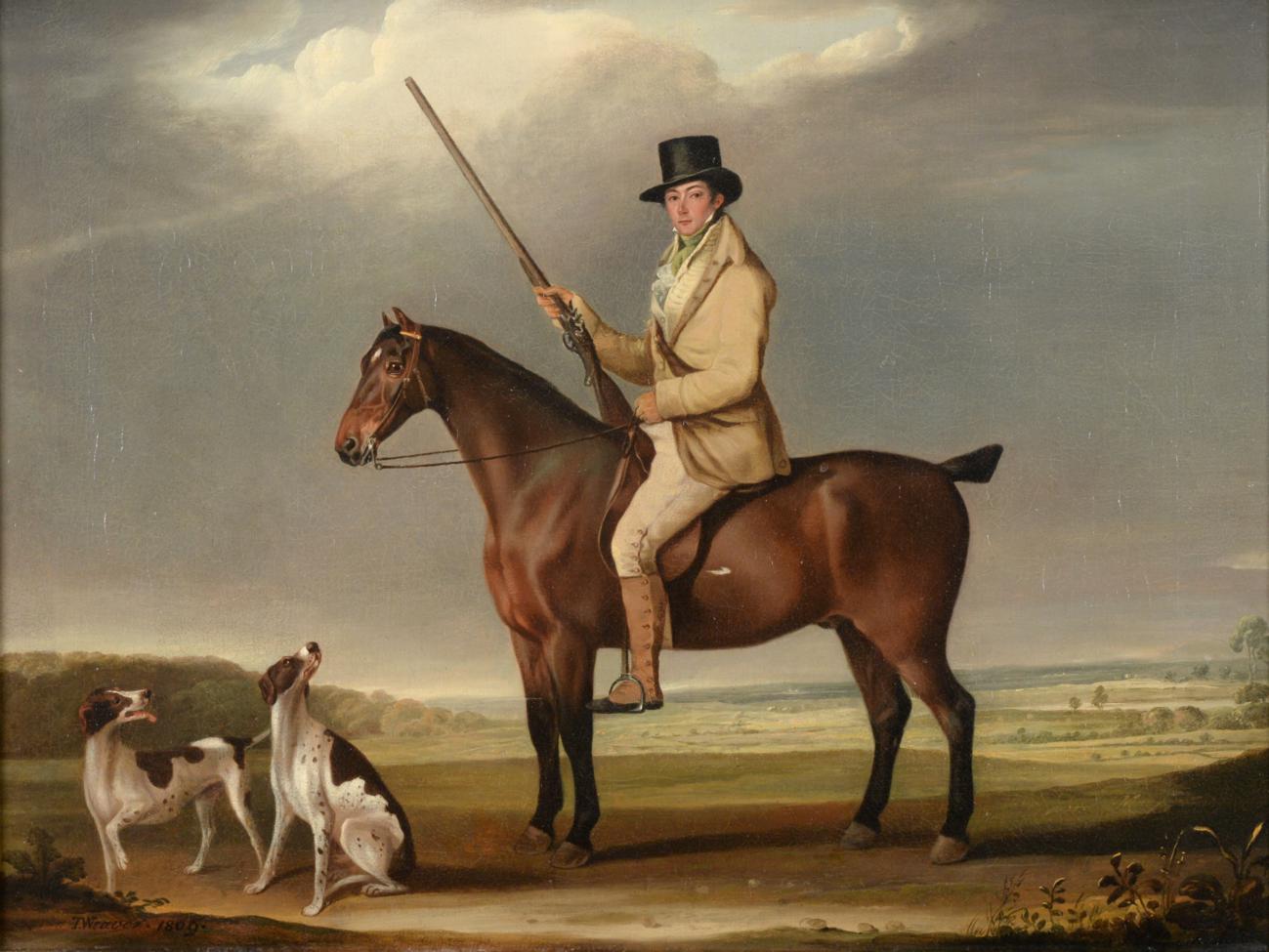 Thomas Weaver (1774-1843) Mr Corbett on a bay Hunter out shooting with two pointers in an