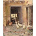 Frederick (Fred) Hall (1860-1948) Intruders - Poultry at a farmhouse doorway Signed, oil on board,