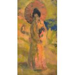 Jacob Kramer (1892-1962) Portrait of a Japanese lady, full-length, wearing a kimono and holding a