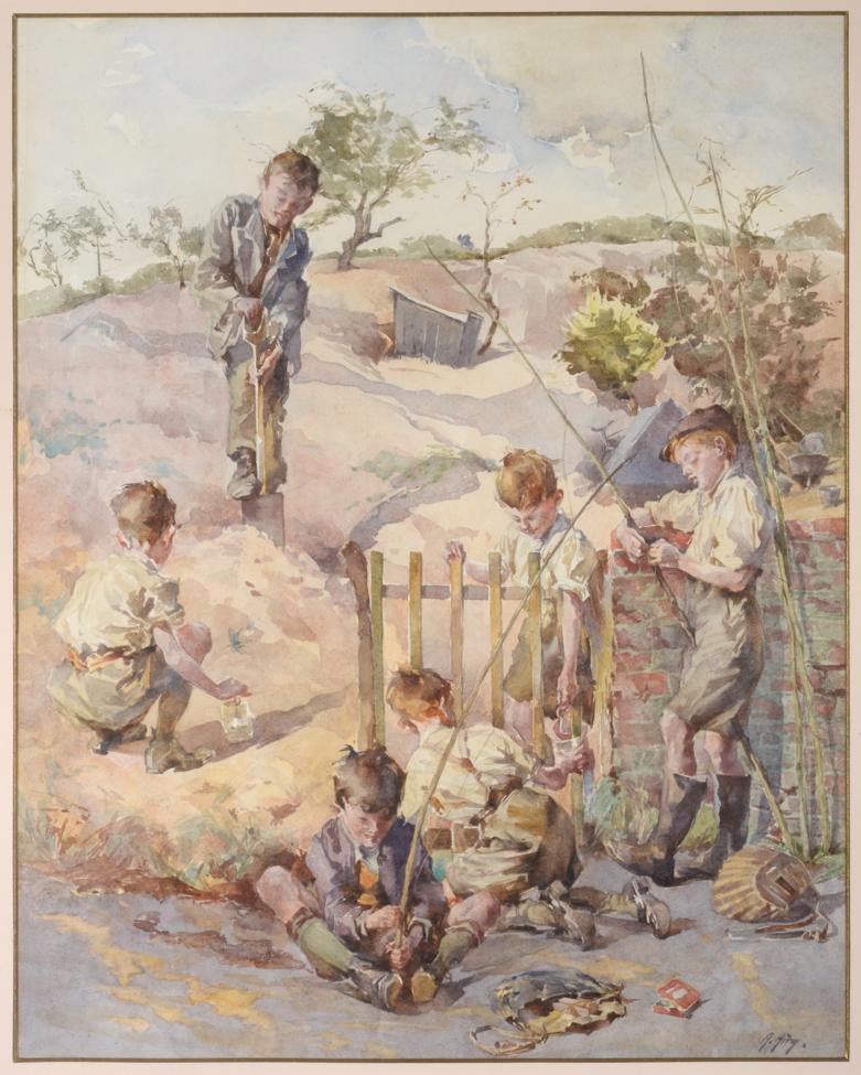 Anna Airy (1882-1964) ''Bait'' Signed, with various labels verso, watercolour, 58cm by 45.5cm See