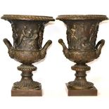 A Pair of Bronze Twin-Handled Campana Vases, after the antique, cast with a continuous scene of