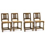 Mouseman: Four Robert Thompson English Oak Lattice Back Dining Chairs, with tan cow hide upholstered