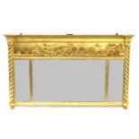 A Regency Gilt and Gesso Overmantel Mirror, early 19th century, with three bevelled plates below a