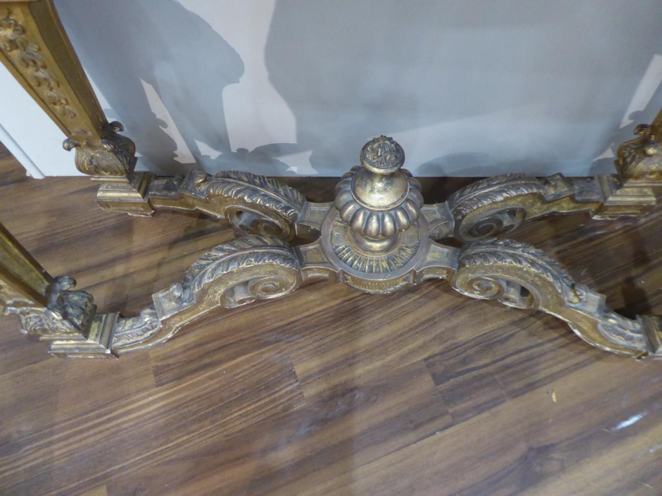 A Pair of 19th Century Giltwood Pier Tables, of Régence design, the bowed Egyptian porphyry marble - Image 10 of 11