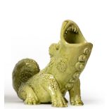 A Burmantofts Faience Pottery Grotesque Crocodile Spoon Warmer, modelled with open mouth, green