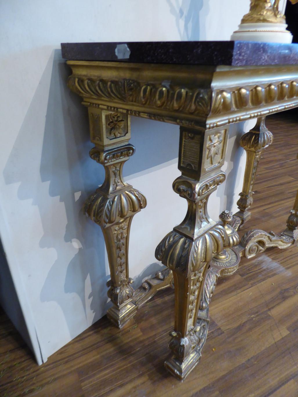 A Pair of 19th Century Giltwood Pier Tables, of Régence design, the bowed Egyptian porphyry marble - Image 4 of 11