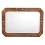 An Arts & Crafts Mirror, the rectangular beaten copper frame with three Ruskin pottery blue/green
