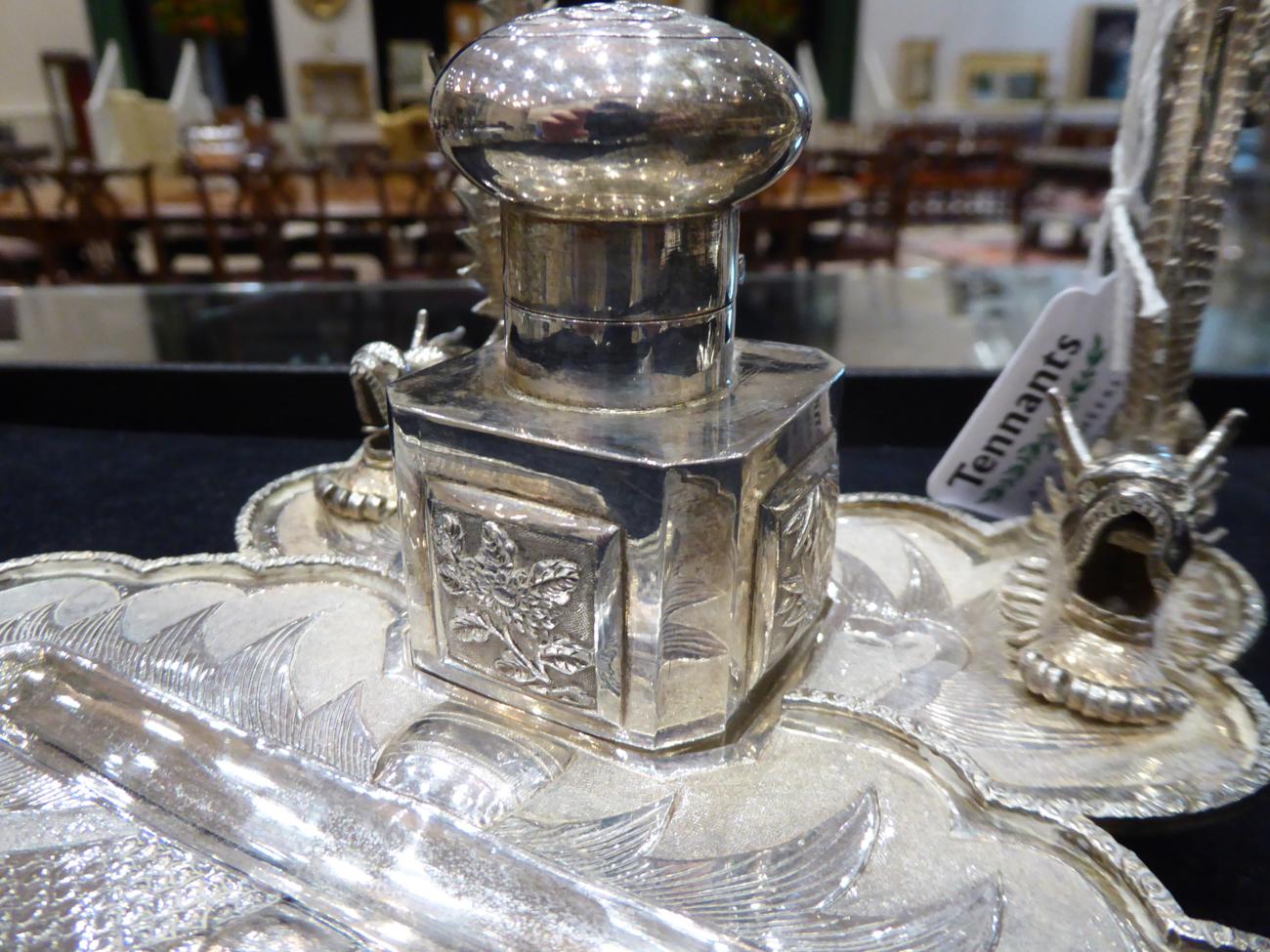 A Chinese Export Silver Inkstand, marked Wooshing, early 20th century, of butterfly shape with - Image 6 of 8