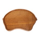 Mouseman: A Robert Thompson Kidney Shaped English Oak Tea Tray, with two carved mice handles, 47cm