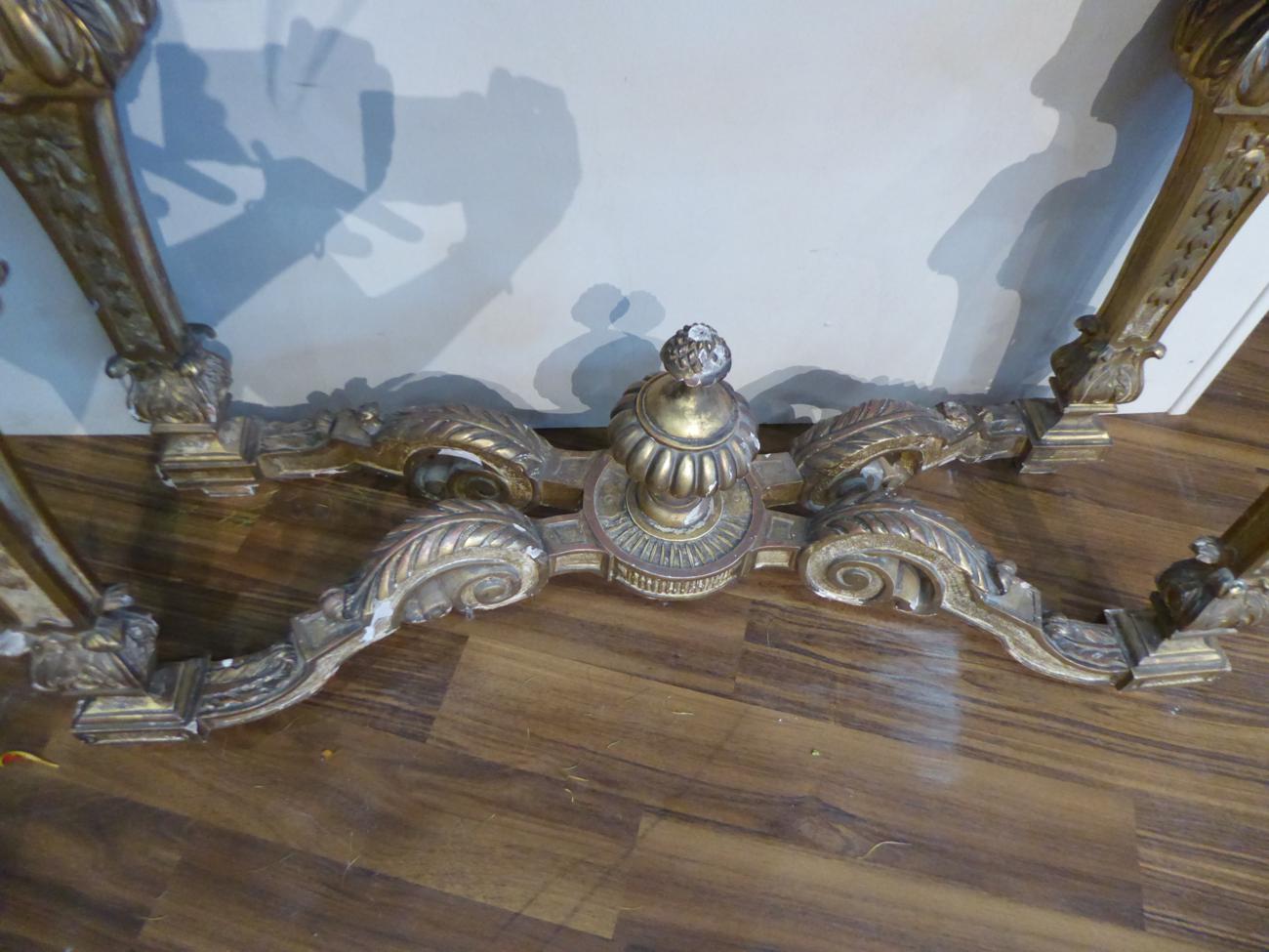 A Pair of 19th Century Giltwood Pier Tables, of Régence design, the bowed Egyptian porphyry marble - Image 5 of 11