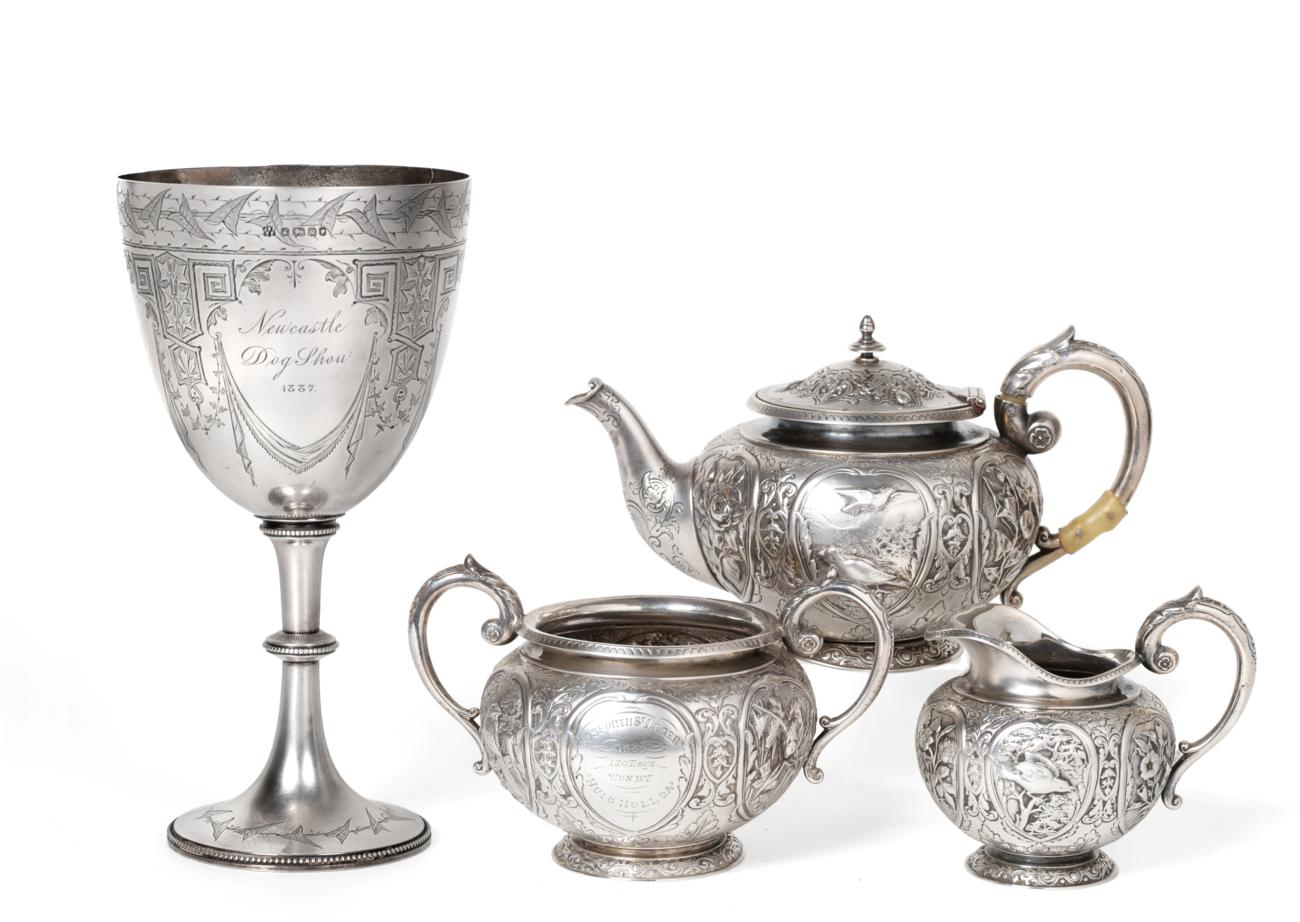 Coursing Interest - A Victorian Scottish Silver Presentation Three Piece Tea Service, maker's mark