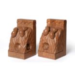 Mouseman: A Pair of Robert Thompson English Oak Triple Mice Bookends, each end carved with three