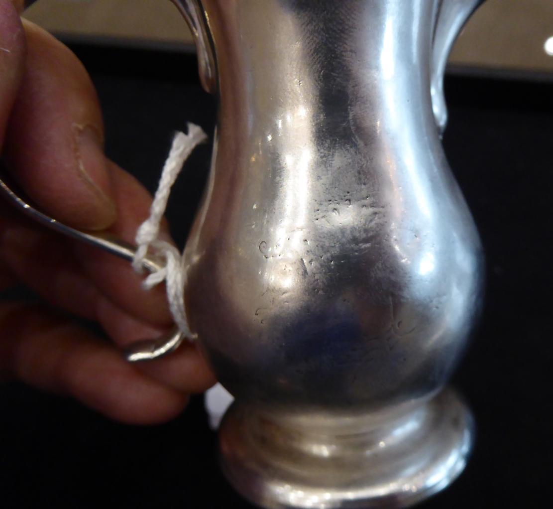 A George II Provincial Silver Cream Jug, Richard Richardson, Chester 1729, plain baluster form on - Image 3 of 6