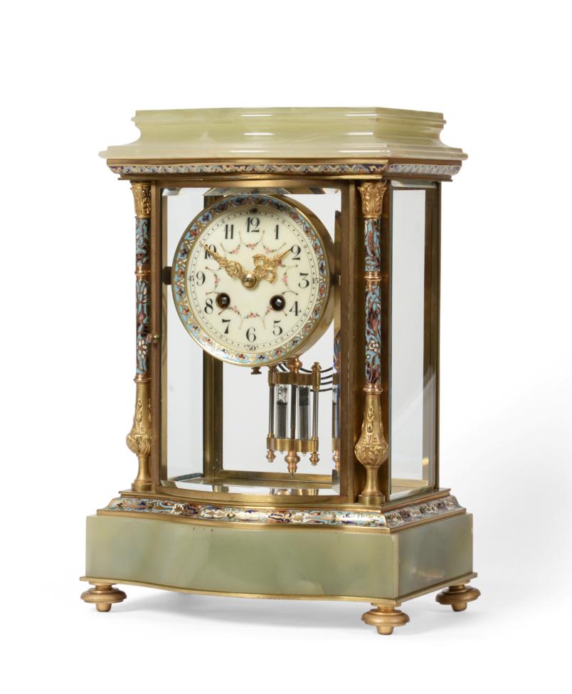 A Green Onyx Champleve Enamel Striking Four Glass Mantel Clock, circa 1890, bevelled glass panels,