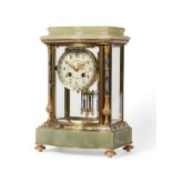 A Green Onyx Champleve Enamel Striking Four Glass Mantel Clock, circa 1890, bevelled glass panels,