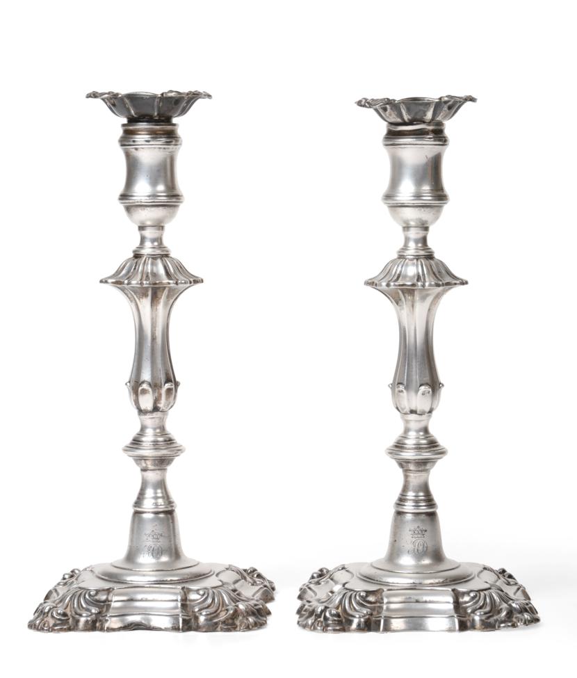 A Pair of George IV Silver Candlesticks, T J & N Creswick, Sheffield 1828, of 18th century style,