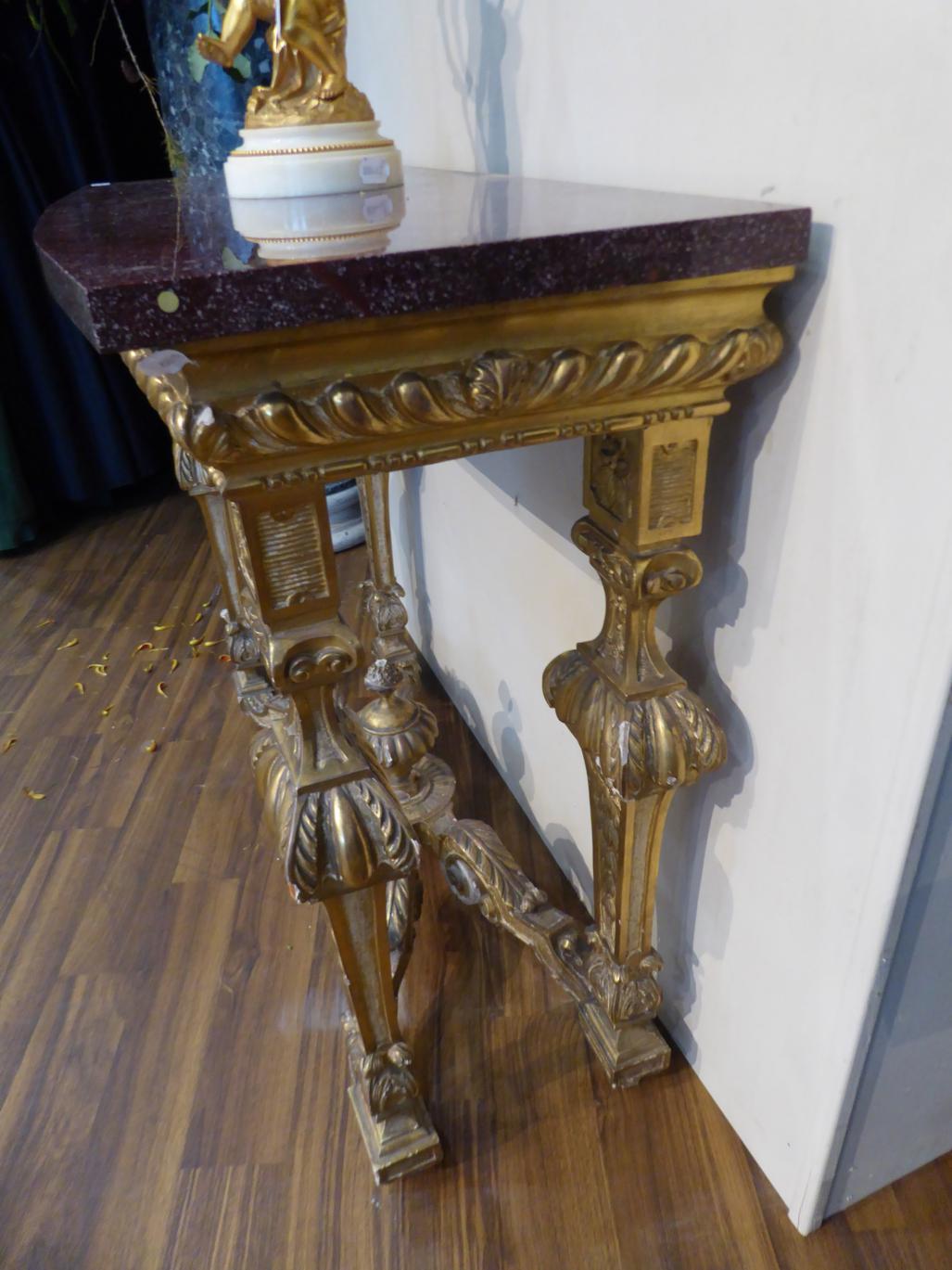 A Pair of 19th Century Giltwood Pier Tables, of Régence design, the bowed Egyptian porphyry marble - Image 3 of 11