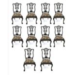 A Set of Ten George III Style Carved Mahogany Dining Chairs, late 19th/early 20th century, with