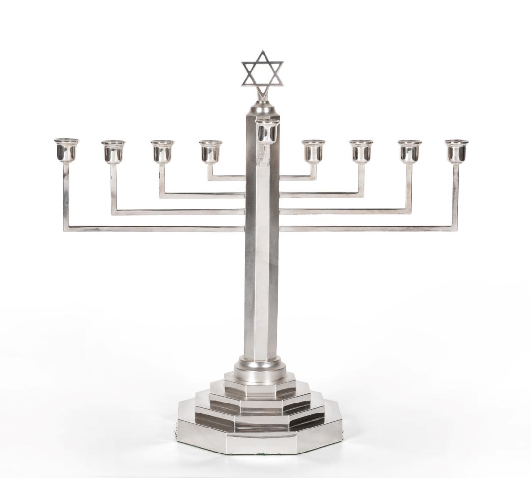 A Large Modern Silver Hanukkah Menorah, C J Vander Ltd, Sheffield 2001, of typical form, with