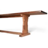 Mouseman: A Pair of Robert Thompson English Oak 18ft Refectory Tables, dowelled two plank tops, on