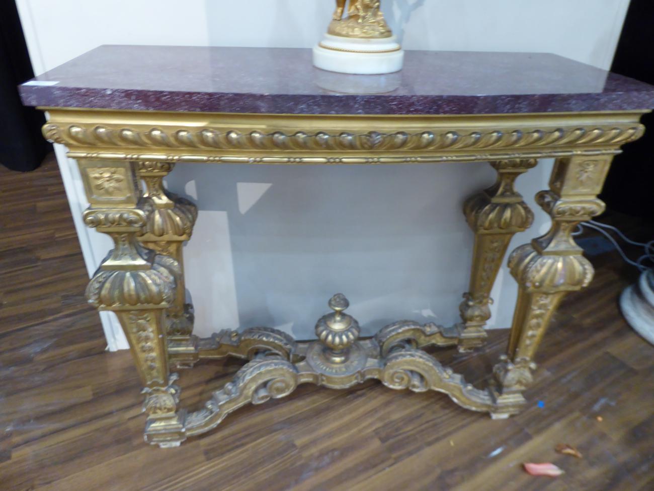 A Pair of 19th Century Giltwood Pier Tables, of Régence design, the bowed Egyptian porphyry marble - Image 9 of 11