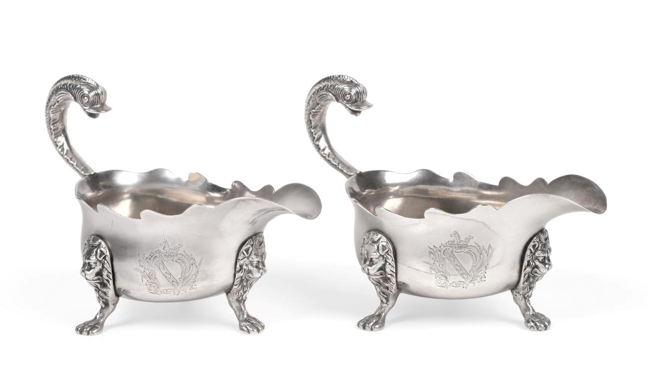 A Pair of George II Provincial Silver Sauceboats, James Kirkup Newcastle 1747, with shaped rim,